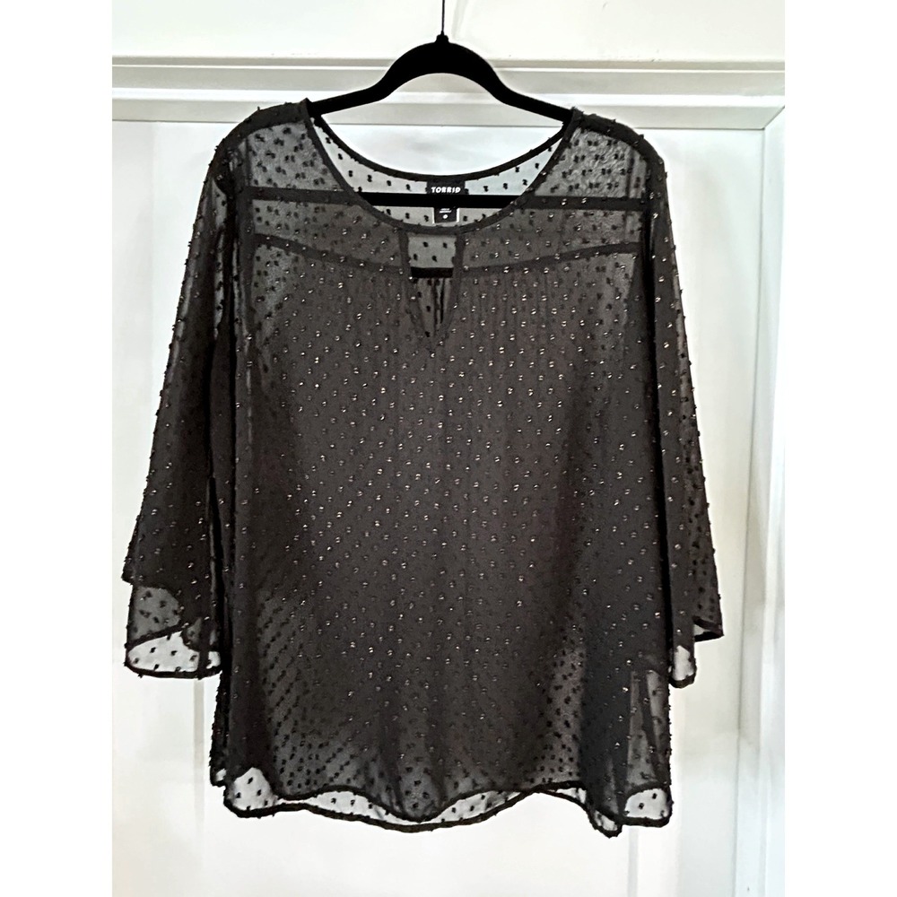 Torrid Black Metallic Clip Dot Sheer Chiffon Bell Sleeve Blouse Top 0 L Shimmer‎